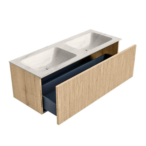 MONDIAZ KURVE-DLUX Meuble de salle de bains 120cm couleur Chêne avec 1 tiroir et 0 porte. Lavabo LEAF Double sans trou de robinet Meli. SW1431632