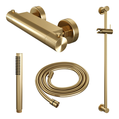 BRAUER Stripe Opbouw Douche Thermostaatkraan - SET 01 - glijstang - staaf handdouche - doucheslang - goud geborsteld PVD SW1434812