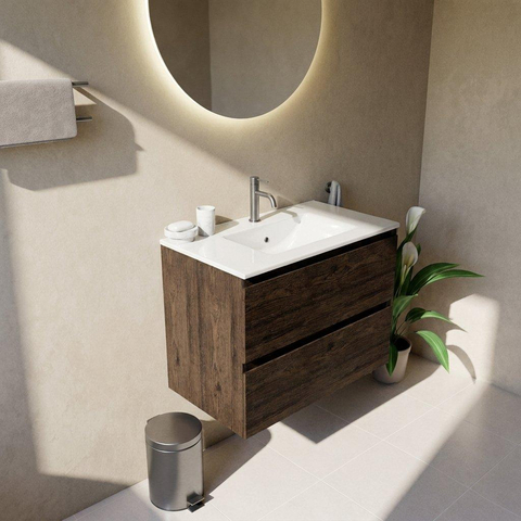 Saniclass Holz Pure Ensemble de meubles de salle de bains - 80x45x62cm - Lavabo Vygo en céramique blanc - 1 vasque - 1 trou de robinetterie - 2 tiroirs - chêne charcoal mat (bois) SW1478913