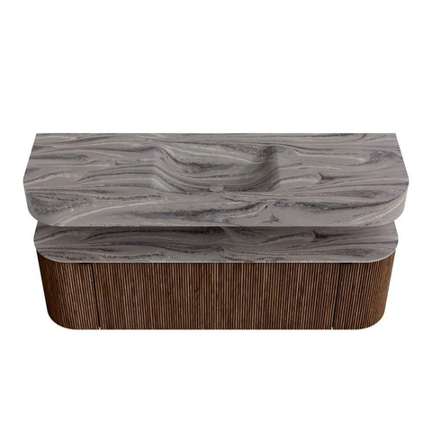 MONDIAZ THOR-DLUX 150cm meuble de salle de bains arrondi gauche + droite couleur Walnut avec 1 tiroir et 2 portes. Vasque suspendue CLOUD Milieu sans trou de robinet couleur Sombra. SW1464918