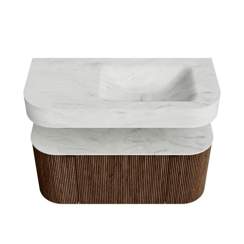 MONDIAZ THOR-DLUX 100cm meuble de salle de bains arrondi gauche + droite couleur Walnut avec 1 tiroir et 2 portes. Vasque suspendue CLOUD Droite sans trou de robinet couleur Opalo. SW1467369
