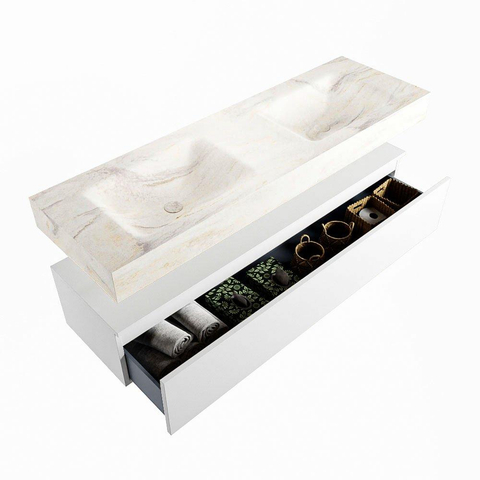 Mondiaz ALAN-DLUX Ensemble de meuble - 150cm - meuble Talc mat - 1 tiroir - Lavabo Cloud Ostra suspendu - vasque Gauche et droite - 2 trous de robinet SW806983