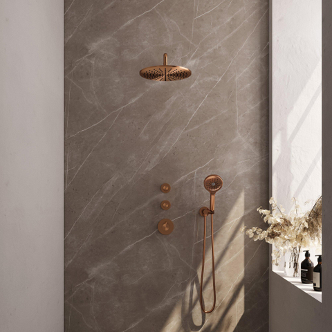 Brauer Copper Edition Ensemble de douche pluie encastré - douche principale 30cm - bras mural - avec partie encastrable - corps lisse - douchette ronde 1 fonction - PVD - cuivre brossé SW538389