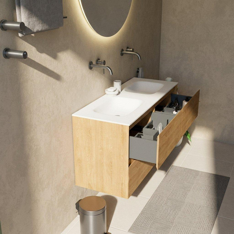 Saniclass Holz Pure Badkamermeubelset - 120x45x61.5cm - Flow solid surface wastafel wit - 2 wasbakken - zonder kraangaten - 4 lades - mat eiken natural (hout) SW1478416