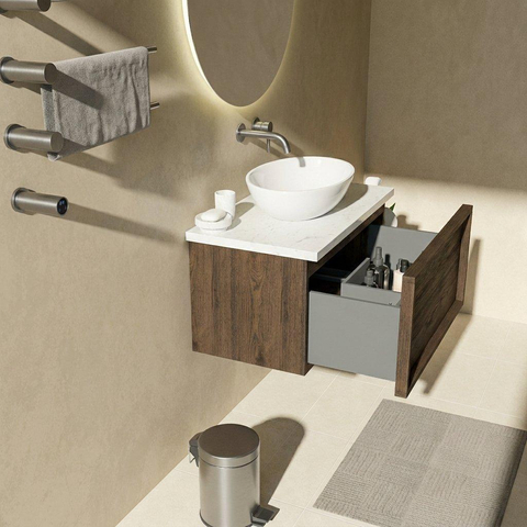 Saniclass Holz Frame Ensemble de meubles de salle de bains - 80x45x43cm - Plan vasque en marbre Dia poli (blanc) - sans trou de robinetterie - 1 tiroir - chêne charcoal mat (bois) SW1478326