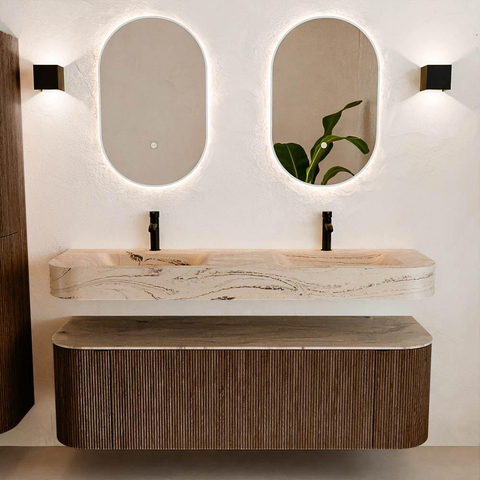 MONDIAZ THOR-DLUX 150cm meuble de salle de bains arrondi gauche + droite couleur Walnut avec 1 tiroir et 2 portes. Vasque suspendue CLOUD Double 2 trous de robinet couleur Arena. SW1464756