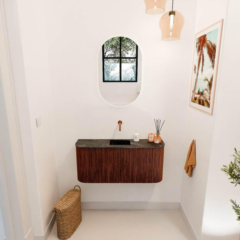 Mondiaz JOYA-DLUX Meuble de salle de bains 93,2cm - arrondis gauche et droite couleur Ruby - Vasque FAYE position Milieu Sans trou de robinet couleur Lava SW1423674
