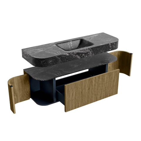 MONDIAZ THOR-DLUX Meuble de salle de bains - 140cm - arrondi gauche + droite - couleur Dusk - 1 tiroir - 2 portes - Vasque suspendue CLOUD centrale 1 trou de robinet - couleur Lava SW1464136