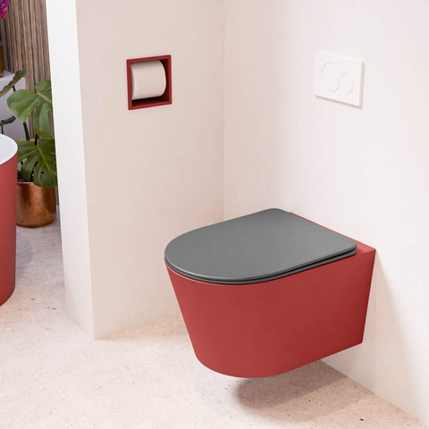 Mondiaz LAVIE hangtoilet – spoelrandloos – 36 x 53 cm – met softclose zitting – Fire (rood), zitting Dark grey (grijs) SW1208600