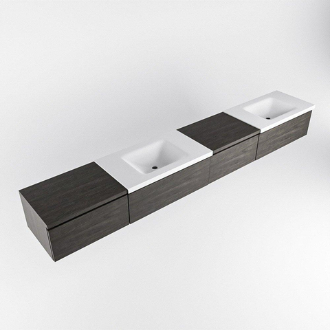 MONDIAZ BUKLA 280cm ensemble de meuble avec module 60 à droite couleur Marron Foncé avec 4 tiroirs. Lavabo CLOUD double 2 trous de robinet couleur Talc. SW1382330