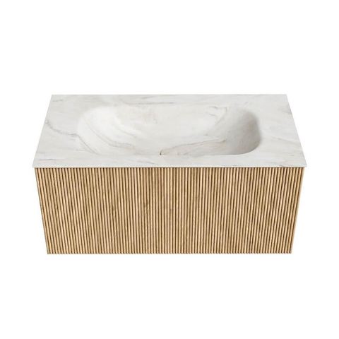 MONDIAZ KURVE-DLUX Meuble de salle de bains 90cm couleur Oak avec 1 tiroir. Lavabo BIG SMALL central sans trou de robinet couleur Ostra. SW1137716