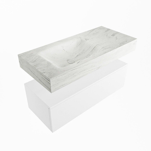 Mondiaz ALAN-DLUX Ensemble de meuble - 100cm - meuble Talc mat - 1 tiroir - Lavabo Cloud Opalo suspendu - vasque Gauche - 1 trou de robinet SW806183