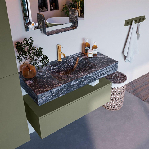 Mondiaz ALAN-DLUX Ensemble de meuble - 100cm - meuble Army mat - 1 tiroir - Lavabo Cloud Lava suspendu - vasque Centre - 1 trou de robinet SW808332