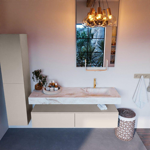 Mondiaz ALAN-DLUX Ensemble de meuble - 150cm - meuble Linen mat - 2 tiroirs - Lavabo Cloud Frappe suspendu - vasque Droite - 1 trou de robinet SW805003