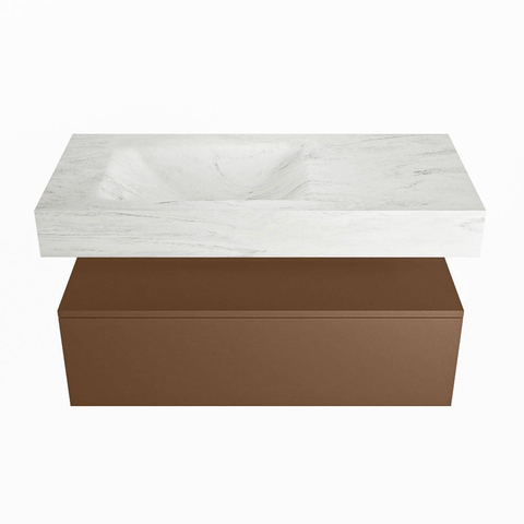 Mondiaz ALAN-DLUX Ensemble de meuble - 100cm - meuble Rust mat - 1 tiroir - Lavabo Cloud Opalo suspendu - vasque Gauche - 1 trou de robinet SW806606