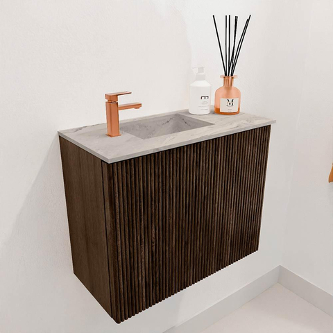 Mondiaz JOYA-DLUX 50cm toiletmeubel - kleur Walnut - Wastafel FAYE positie Links 1 kraangat kleur Glace. SW1422363