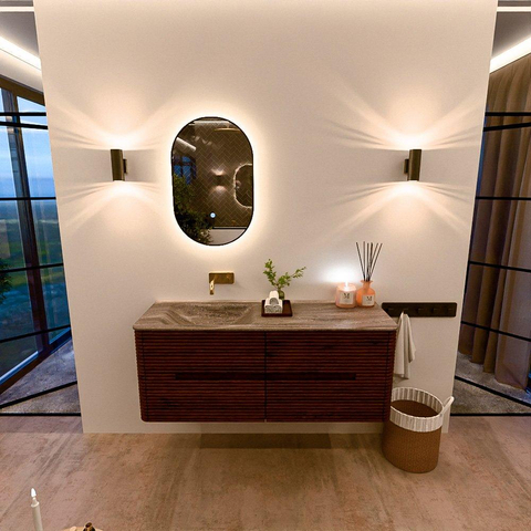 Mondiaz CIRO-DLUX Ensemble de meubles de salle de bains - 130x45x50cm - vasque en solid surface Oza - 1 vasque à gauche - sans trous de robinetterie - 4 tiroirs - Ruby SW1532095