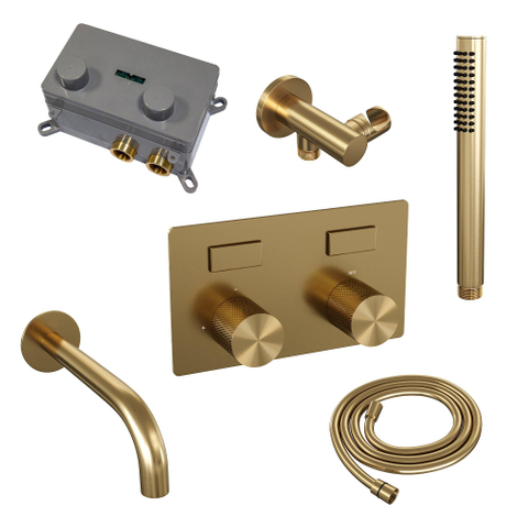 BRAUER Gold Carving mitigeur de bain encastré thermostatique - boutons-poussoirs SET 03 - bec - douchette barre - flexible de douche - coude d'alimentation mural - or brossé PVD SW925621