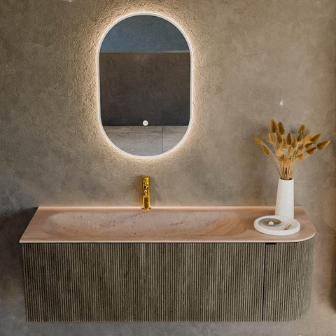 MONDIAZ KURVE-DLUX Meuble de salle de bains 135cm arrondi à droite couleur Shadow avec 1 tiroir et 1 porte. Lavabo BIG MEDIUM à gauche 1 trou de robinet Saba. SW1433260