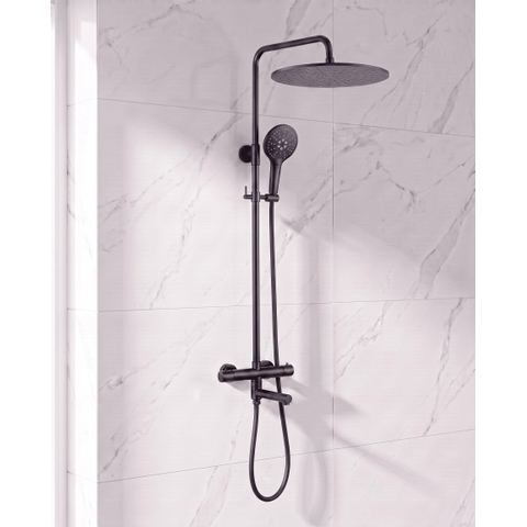 Fortifura Calvi Regendoucheset - thermostatisch - 30cm hoofddouche - gladde slang - ronde handdouche - draaibare baduitloop - mat zwart SW1592491