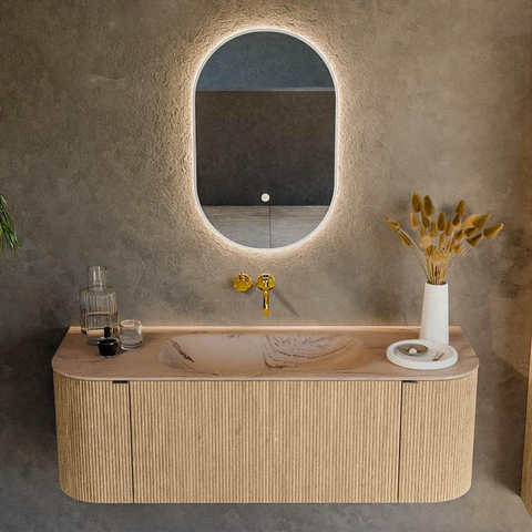 MONDIAZ KURVE-DLUX 130cm badmeubel ronding Links + Rechts kleur Oak met 1 lade en 2 deuren. Wastafel BIG SMALL Midden zonder kraangat Arena. SW1431108