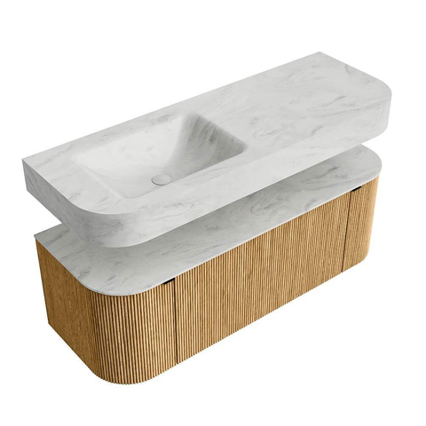 MONDIAZ THOR-DLUX 130cm badmeubel ronding links + rechts kleur Oak met 1 lade en 2 deuren. Vrijhangende wastafel CLOUD Links zonder kraangat kleur Opalo. SW1463545
