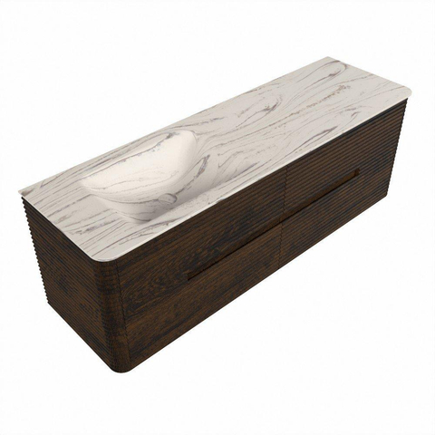 Mondiaz CIRO-DLUX Badkamermeubelset - 150x45x50cm - Solid surface wastafel Nata - 1 wasbak Links - zonder kraangaten - 4 lades - Walnut SW1530610