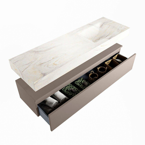 Mondiaz ALAN-DLUX Ensemble de meuble - 150cm - meuble Smoke mat - 1 tiroir - Lavabo Cloud Ostra suspendu - vasque Droite - 0 trous de robinet SW807226