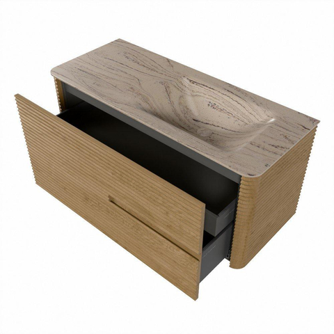 Mondiaz CIRO-DLUX Meuble de salle de bains - 110x45x50cm - plan-vasque Solid surface Arena - 1 vasque à droite - sans trous de robinetterie - 2 tiroirs - Chêne SW1531357