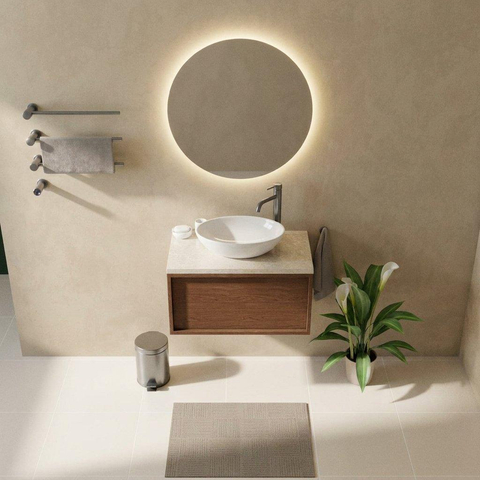 Saniclass Holz Frame Badkamermeubelset - 80x45x43cm - Travertine natuurstenen topblad - 1 kraangat - 1 lade - mat walnut pure (hout) SW1478847