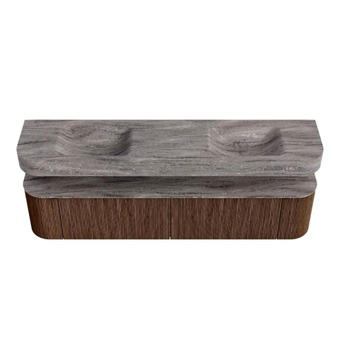 MONDIAZ THOR-DLUX 200cm meuble de salle de bains arrondi gauche + droite couleur Walnut avec 2 tiroirs et 2 portes. Vasque suspendue CLOUD Double 2 trous de robinet couleur Oza. SW1467191