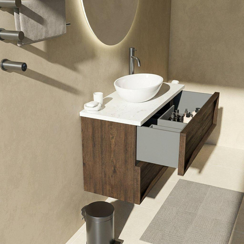 Saniclass Holz Frame Ensemble de meubles de salle de bains - 100x45x63cm - Plan vasque en marbre Dia poli (blanc) - 1 trou de robinetterie - 2 tiroirs - chêne charcoal mat (bois) SW1579961