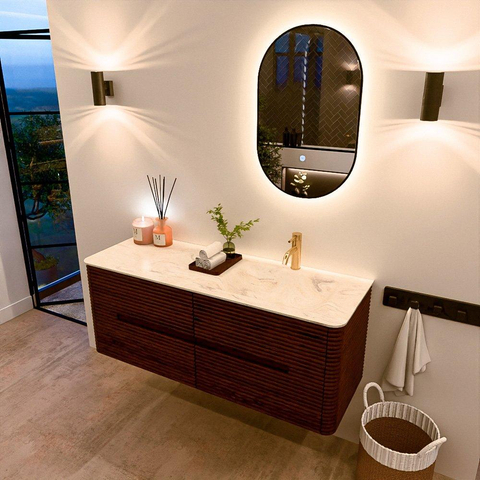 Mondiaz CIRO-DLUX Badkamermeubelset - 130x45x50cm - Solid surface wastafel Ostra - 1 wasbak Rechts - 1 kraangat - 4 lades - Ruby SW1531845