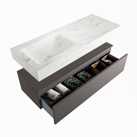 Mondiaz ALAN-DLUX Ensemble de meuble - 120cm - meuble Dark grey mat - 1 tiroir - Lavabo Cloud Opalo suspendu - vasque Gauche - 1 trou de robinet SW806318