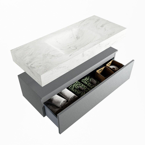 Mondiaz ALAN-DLUX Ensemble de meuble - 110cm - meuble Plata mat - 1 tiroir - Lavabo Cloud Opalo suspendu - vasque Centre - 1 trou de robinet SW806924