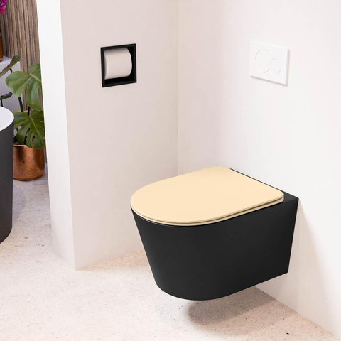 Mondiaz LAVIE hangtoilet – spoelrandloos – 36 x 53 cm – met softclose zitting – Urban (zwart), zitting Sand (beige) SW1208778
