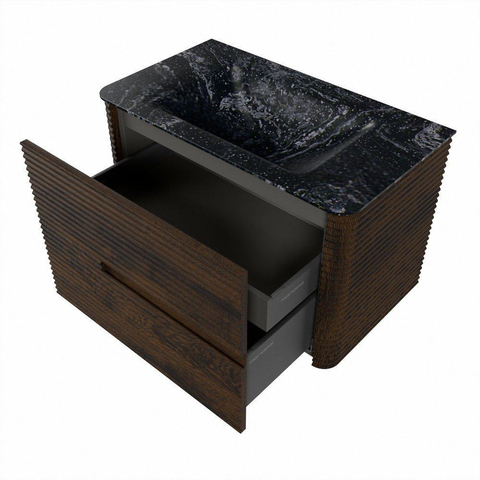 Mondiaz CIRO-DLUX Ensemble de meubles de salle de bains - 80x45x50cm - lavabo solid surface Lava - 1 vasque centrale - sans trous de robinet - 2 tiroirs - Noyer SW1530160