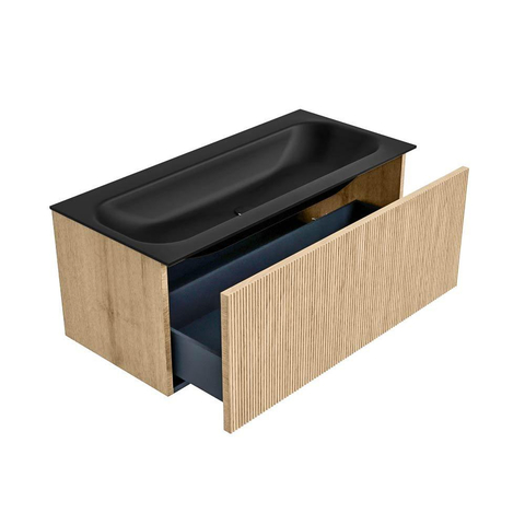 MONDIAZ KURVE Meuble de salle de bains 100 cm couleur Oak avec 1 tiroir. Lavabo BIG MEDIUM central sans trou de robinet Urban. SW1138405