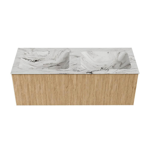 MONDIAZ KURVE-DLUX Meuble de salle de bains 120 cm couleur Oak avec 1 tiroir. Lavabo LEAF double 2 trous de robinet couleur Glace. SW1137973