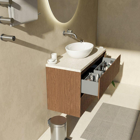 Saniclass Holz Atelier Ensemble de meubles de salle de bains - 100x45x63cm - Plan de toilette en pierre naturelle travertin - sans trou de robinet - 2 tiroirs - noyer pure mat (bois) SW1478861