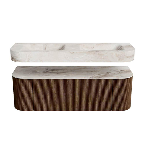 MONDIAZ THOR-DLUX 140cm meuble de salle de bains arrondi gauche + droite couleur Walnut avec 1 tiroir et 2 portes. Vasque suspendue CLOUD Double 2 trous de robinet couleur Frappe. SW1463943