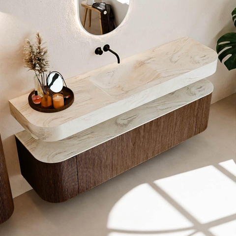 MONDIAZ THOR-DLUX 170cm badmeubel ronding links + rechts kleur Walnut met 1 lade en 2 deuren. Vrijhangende wastafel CLOUD Midden zonder kraangat kleur Ostra. SW1465605