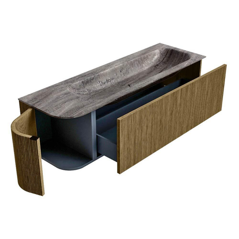 MONDIAZ KURVE-DLUX meuble de salle de bains 145cm arrondi à gauche couleur Dusk avec 1 tiroir et 1 porte. Lavabo BIG LARGE à droite 1 trou de robinet Oza. SW1433005