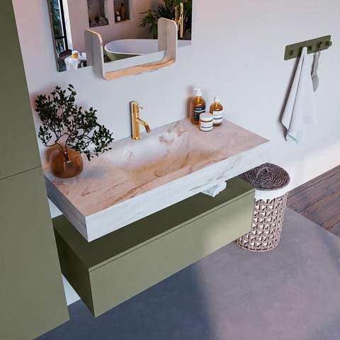 Mondiaz ALAN-DLUX Ensemble de meuble - 100cm - meuble Army mat - 1 tiroir - Lavabo Cloud Frappe suspendu - vasque Centre - 1 trou de robinet SW805420