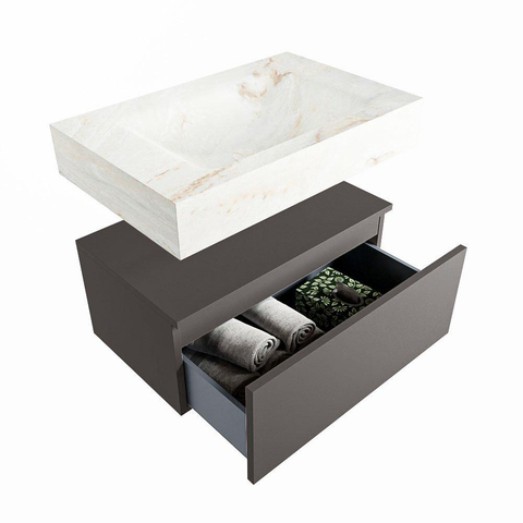 Mondiaz ALAN-DLUX Ensemble de meuble - 70cm - meuble Dark grey mat - 1 tiroir - Lavabo Cloud Frappe suspendu - vasque Centre - 1 trou de robinet SW804729