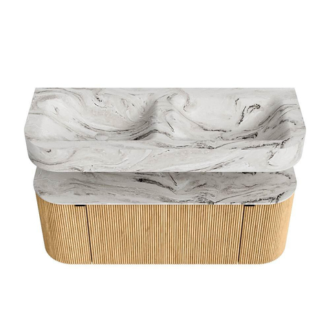 MONDIAZ THOR-DLUX Meuble de salle de bains 120cm arrondi gauche + droite couleur Oak avec 1 tiroir et 2 portes. Vasque suspendue CLOUD Double 2 trous de robinet couleur Glace. SW1463086