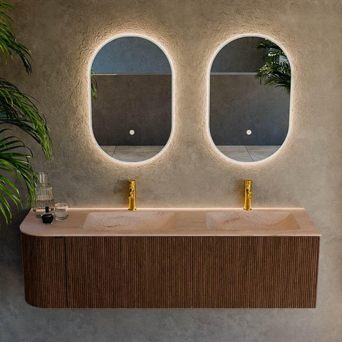 MONDIAZ KURVE-DLUX Meuble de salle de bains 155cm arrondi à gauche couleur Walnut avec 2 tiroirs et 1 porte. Lavabo LEAF Double / Droite 2 trous de robinet Saba. SW1433209