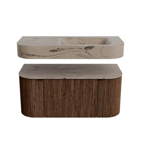 MONDIAZ THOR-DLUX 100cm meuble de salle de bains arrondi gauche + droite couleur Walnut avec 1 tiroir et 2 portes. Vasque suspendue CLOUD droite sans trou de robinet couleur Arena. SW1467448