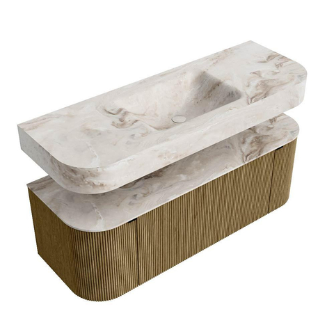 MONDIAZ THOR-DLUX 130cm meuble de salle de bains arrondi gauche + droite couleur Dusk avec 1 tiroir et 2 portes. Vasque suspendue CLOUD Centre sans trou de robinet couleur Frappe. SW1463666