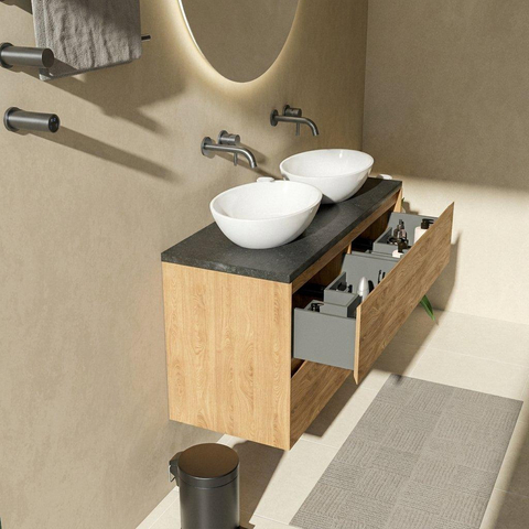 Saniclass Holz Pure Badkamermeubelset - 120x45x63cm - Noche basalten wastafelblad gepolijst - 1 wasbak - zonder kraangat - 4 lades - mat eiken natural (hout) SW1478578